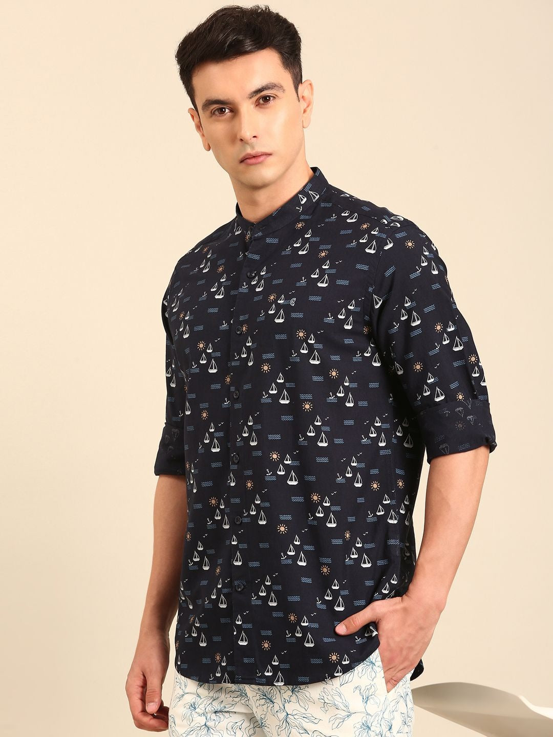 Stitchi Men's Nautical Sailboat Print Mandarin Collar Premium Casual Shirt