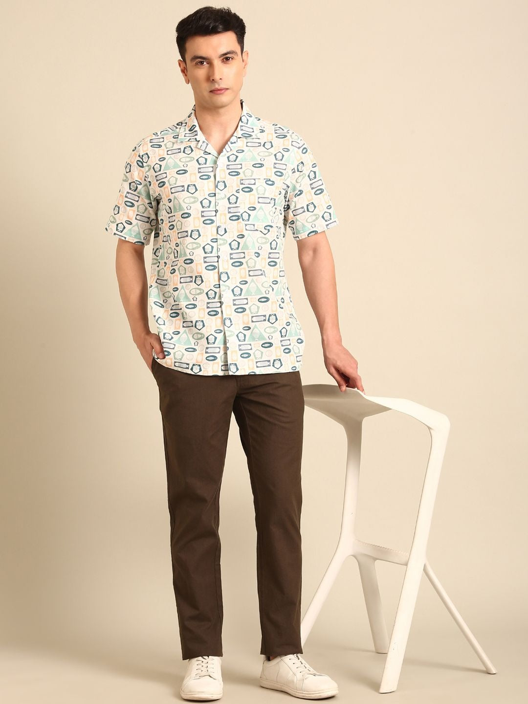 Stitchi Men's Geometric Abstract Print Cuban Collar Premium Casual Half Sleeve Shirt