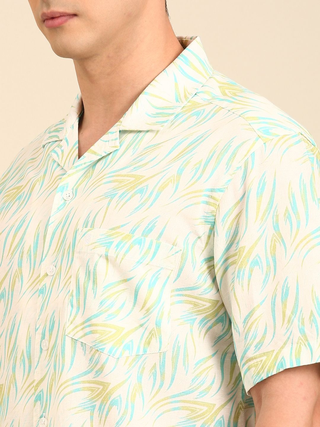 Stitchi Men's Tropical Leaf Print Cuban Collar Premium Casual Half Sleeve Shirt