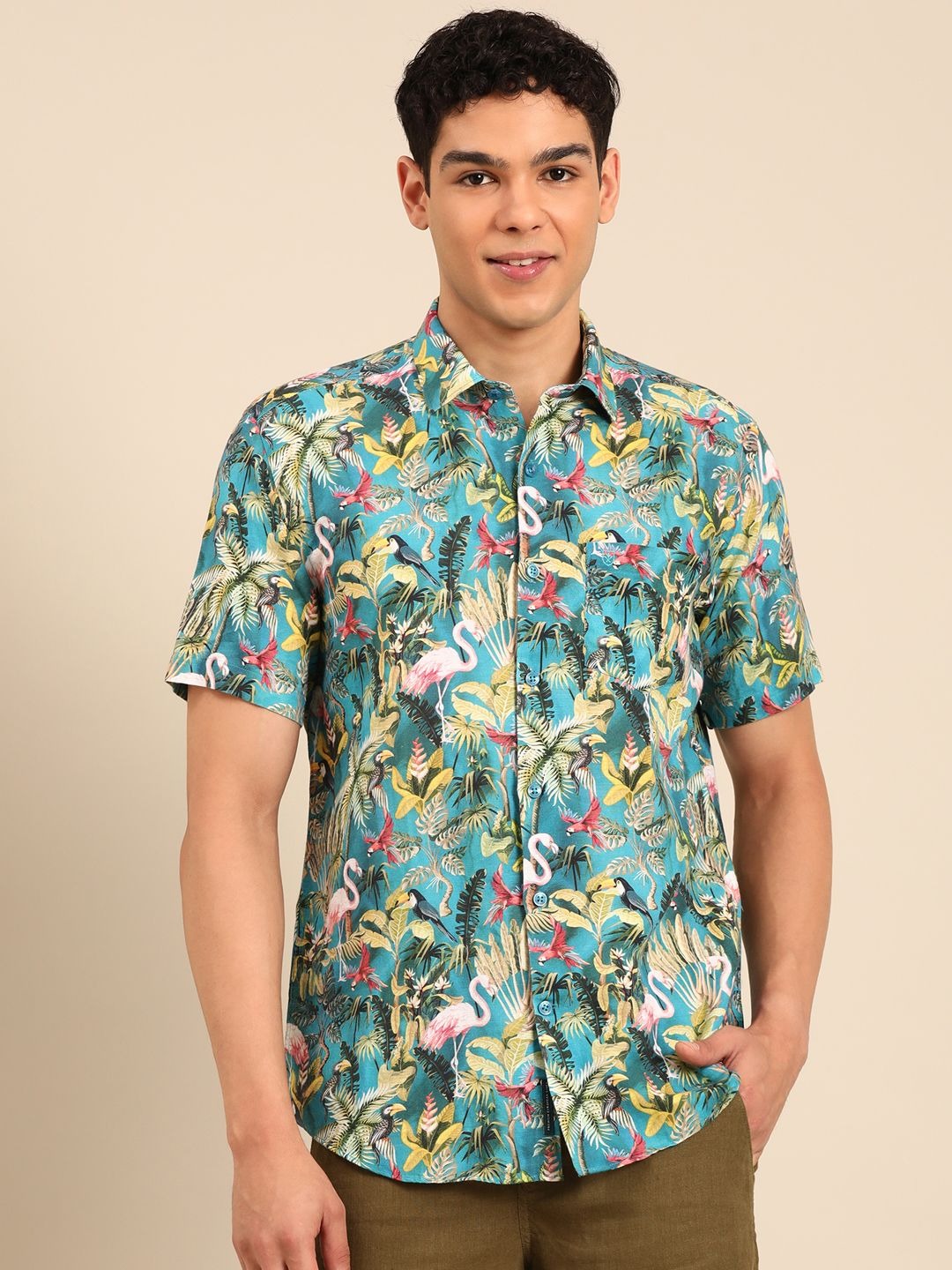 Stitchi Men's Tropical Flamingo & Bird Print Premium Casual Half Sleeve Shirt