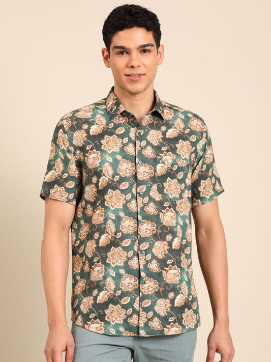 Stitchi Men's Vintage Floral Print Premium Casual Half Sleeve Shirt