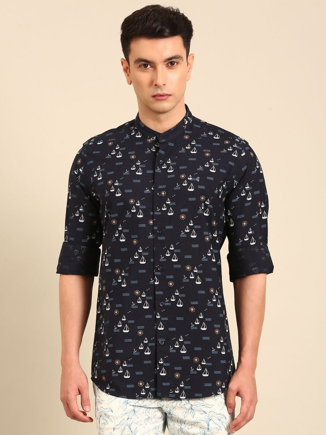Stitchi Men's Nautical Sailboat Print Mandarin Collar Premium Casual Shirt