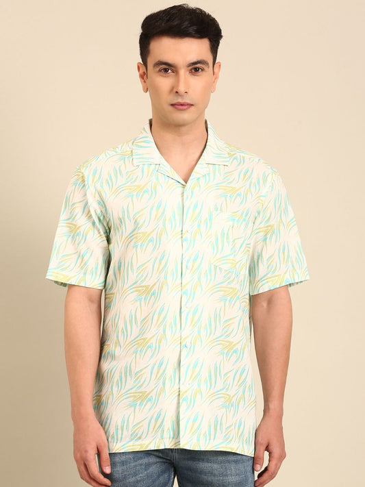 Stitchi Men's Tropical Leaf Print Cuban Collar Premium Casual Half Sleeve Shirt