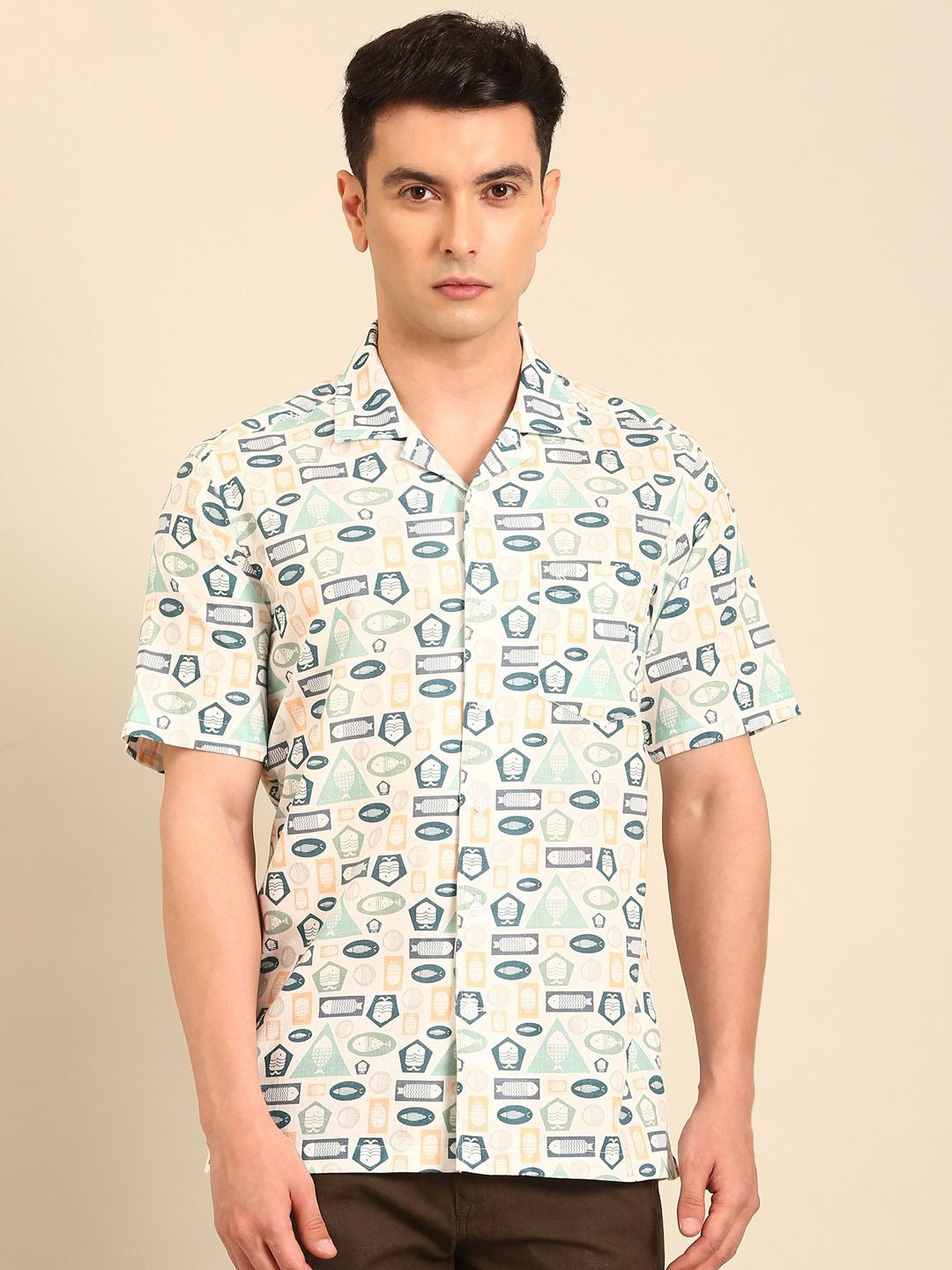 Stitchi Men's Geometric Abstract Print Cuban Collar Premium Casual Half Sleeve Shirt