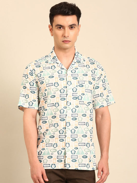 Stitchi Men's Geometric Abstract Print Cuban Collar Premium Casual Half Sleeve Shirt