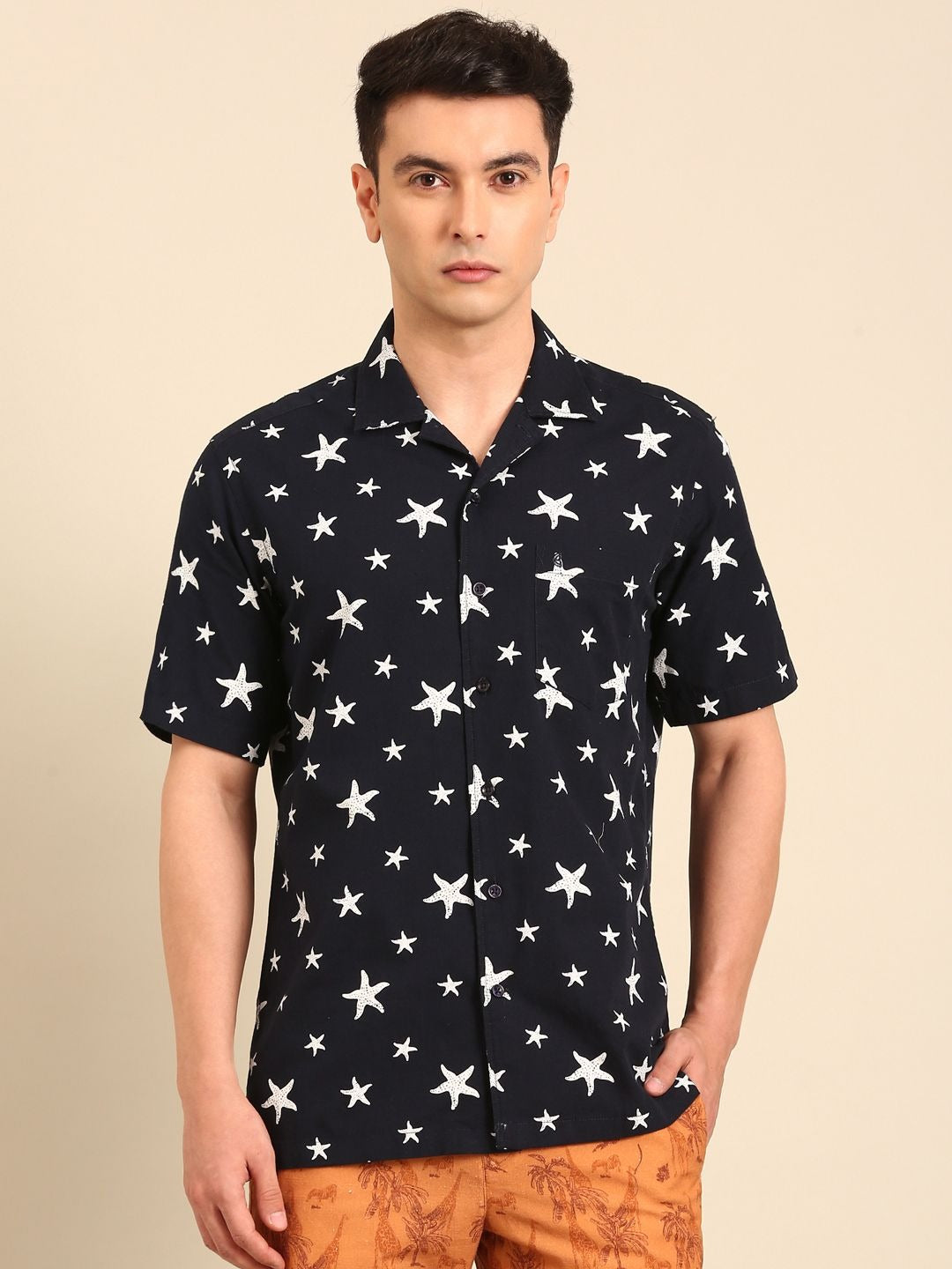 Stitchi Men's Starfish Print Cuban Collar Premium Casual Half Sleeve Shirt
