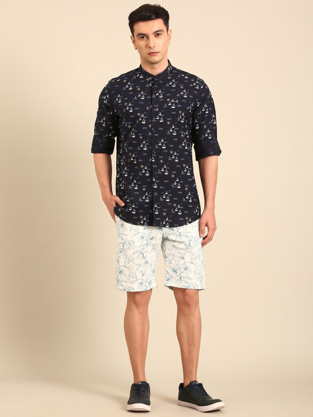Stitchi Men's Nautical Sailboat Print Mandarin Collar Premium Casual Shirt
