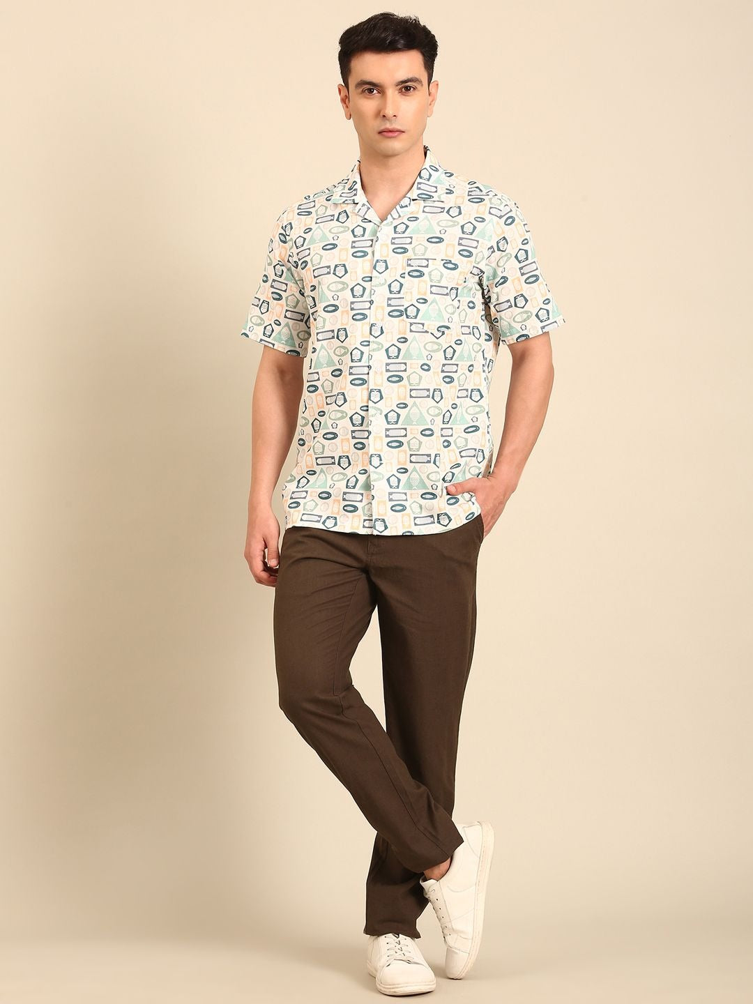 Stitchi Men's Geometric Abstract Print Cuban Collar Premium Casual Half Sleeve Shirt