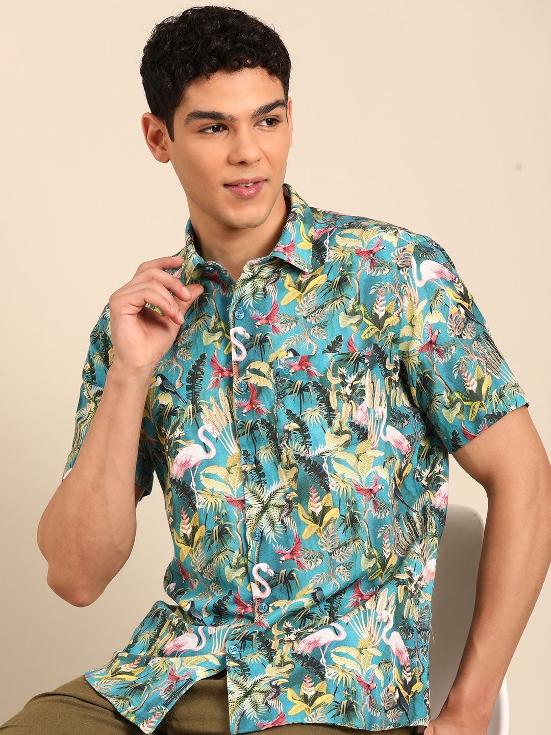 Stitchi Men's Tropical Flamingo & Bird Print Premium Casual Half Sleeve Shirt