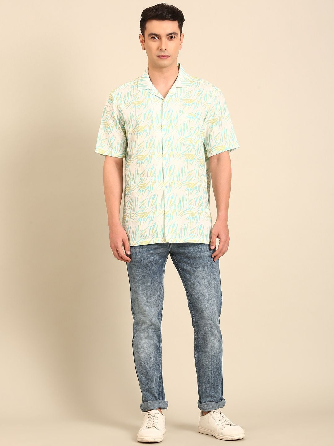 Stitchi Men's Tropical Leaf Print Cuban Collar Premium Casual Half Sleeve Shirt