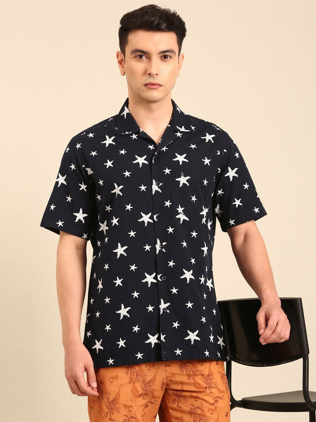 Stitchi Men's Starfish Print Cuban Collar Premium Casual Half Sleeve Shirt