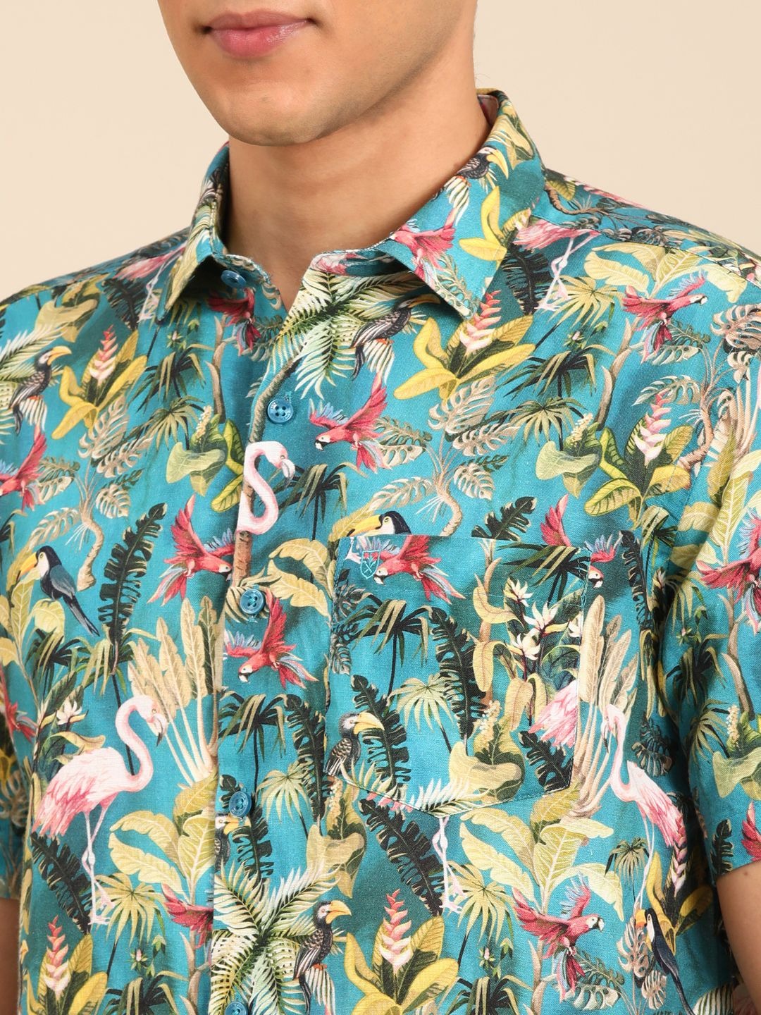 Stitchi Men's Tropical Flamingo & Bird Print Premium Casual Half Sleeve Shirt