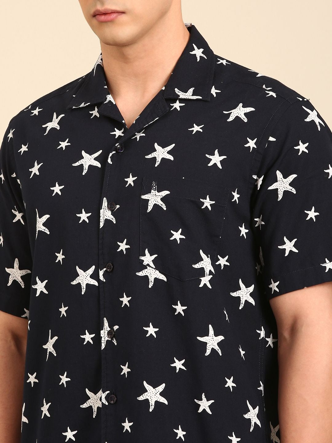 Stitchi Men's Starfish Print Cuban Collar Premium Casual Half Sleeve Shirt