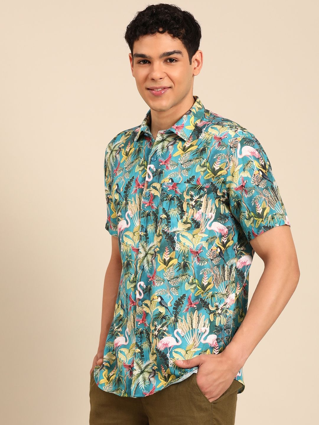 Stitchi Men's Tropical Flamingo & Bird Print Premium Casual Half Sleeve Shirt