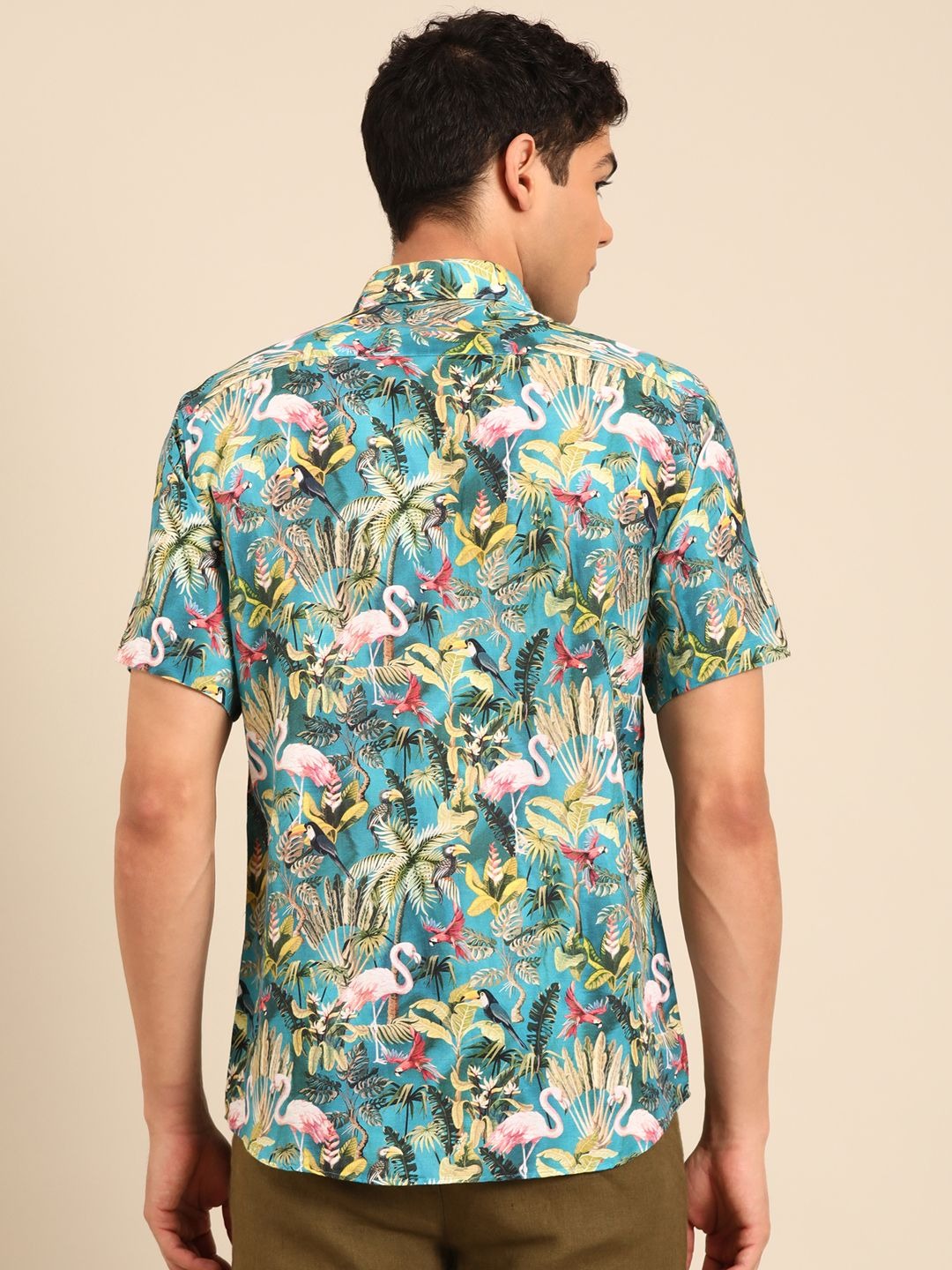 Stitchi Men's Tropical Flamingo & Bird Print Premium Casual Half Sleeve Shirt
